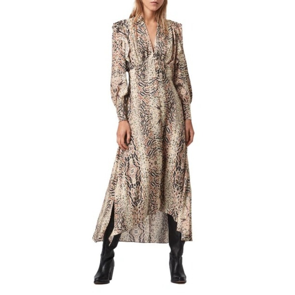 AllSaints Long Sleeve Animal Print Maxi Dress in Neutral Tones